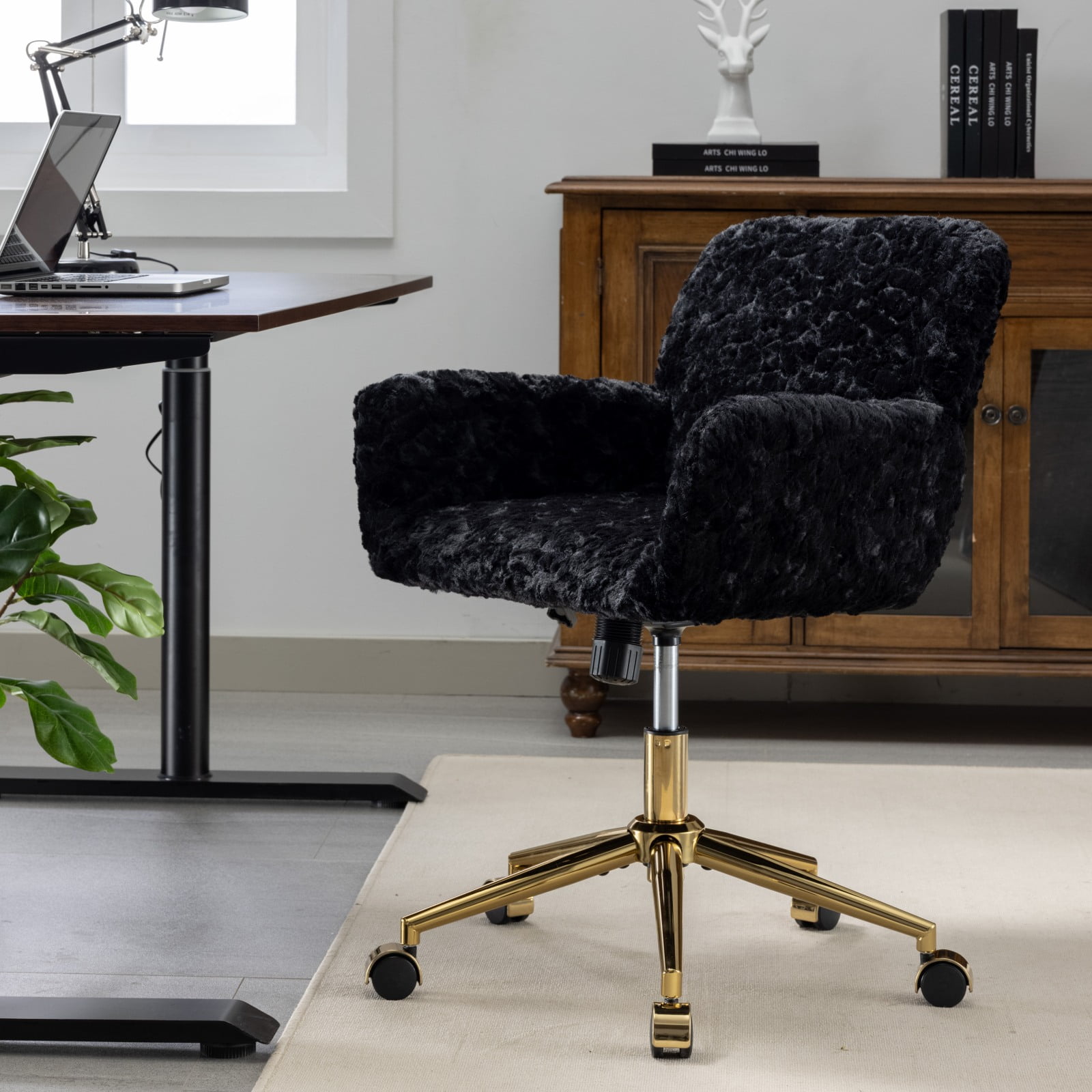 MAYEERTY Artificial Rabbit Hair Office Chair - Golden Metal Base, Adjustable Swivel, Vanity Chair, Black