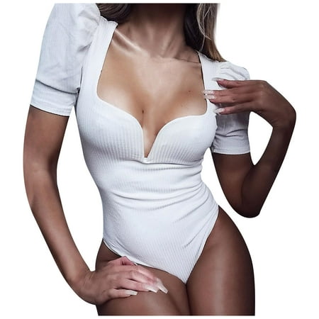 

Ladies Fashion Solid Low Cut Smocked Puff Sleeve Sleeve Spliced Knit Jumpsuit Women Slim Bodysuit V Neck Long Sleeve Shapewear