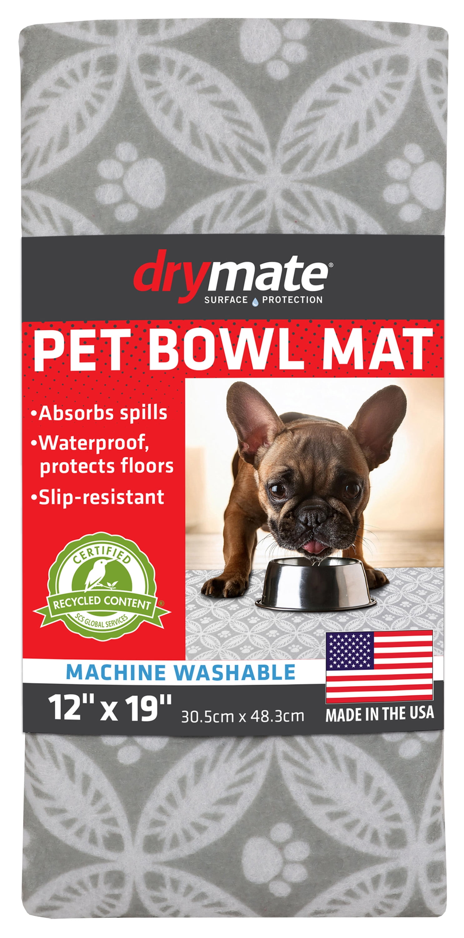Drymate Pet Bowl Placemat, Dog & Cat Food Feeding Mat (12" x 19") - Absorbent Fabric, Waterproof Backing, Slip-Resistant, Machine Washable