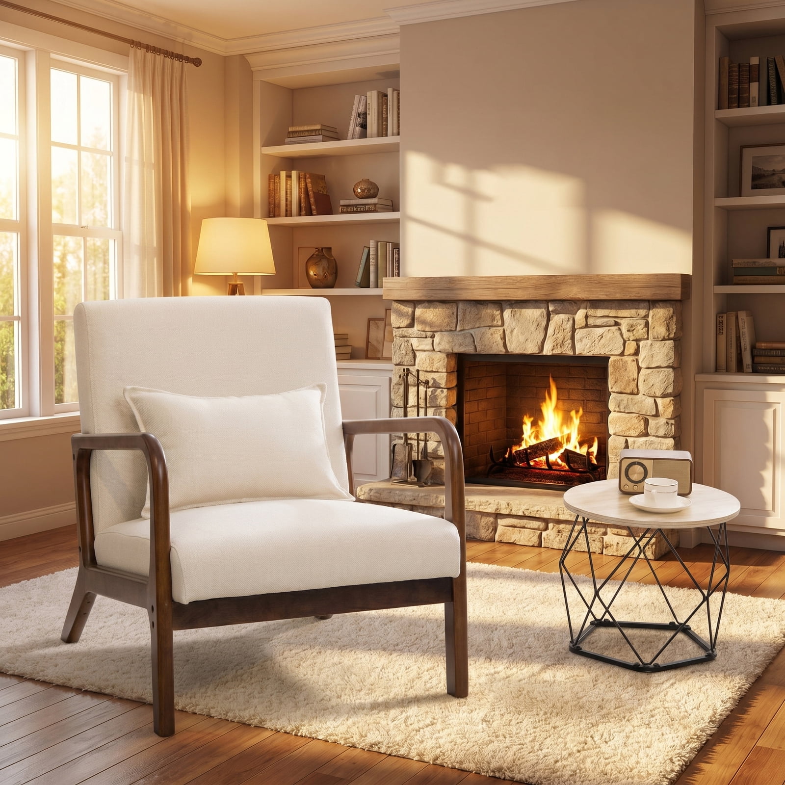 Furnibear Modern Accent Chair with Rubber Wood Frame and Lumbar Pillow, 330 lbs Capacity, Beige - for Living Room, Bedroom and Home Office
