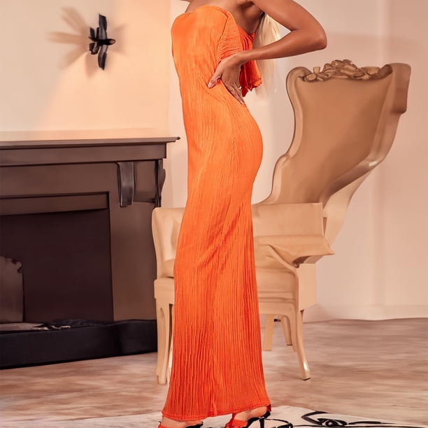 Vestido Vestido largo de cóctel para mujer, vestido largo estampado con hombros descubiertos, ajustado, ceñido al cuerpo, sin espalda, a la moda, liso, Simple, Vestidos de noche Kuymtek Naranja T L para Mujer