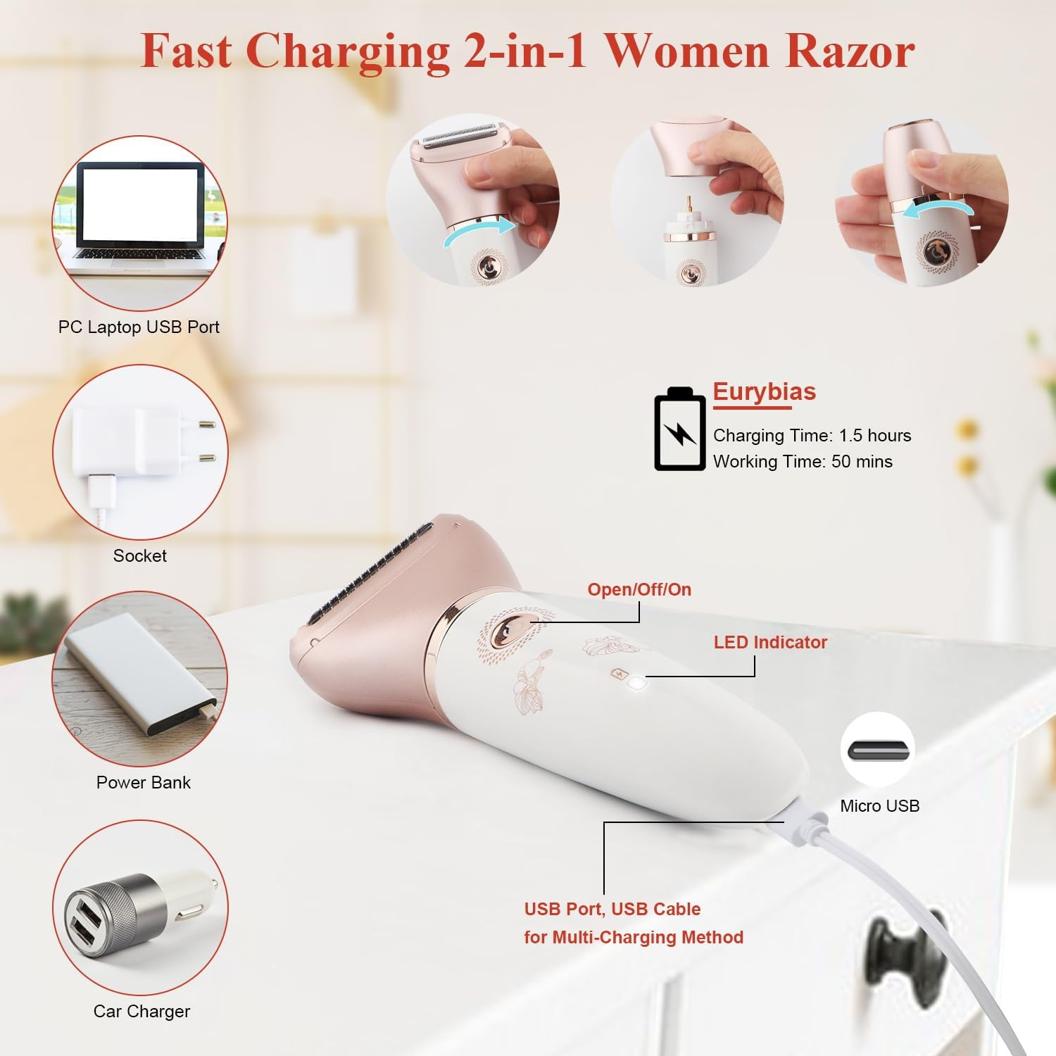 Wiher Electric Razor for Women, 2-in-1 Women Shaver Wet & Dry Painless Hair Removal Razor, Waterproof Body Hair Remover for Face Legs Underarms, Cordless Bikini Trimmer for Women (Rose Gold)