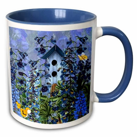 

3dRose Larkspur Garden Julys Birth Flower with Birdhouse and Butterflies perfect for the July Birthday - Two Tone Blue Mug 11-ounce