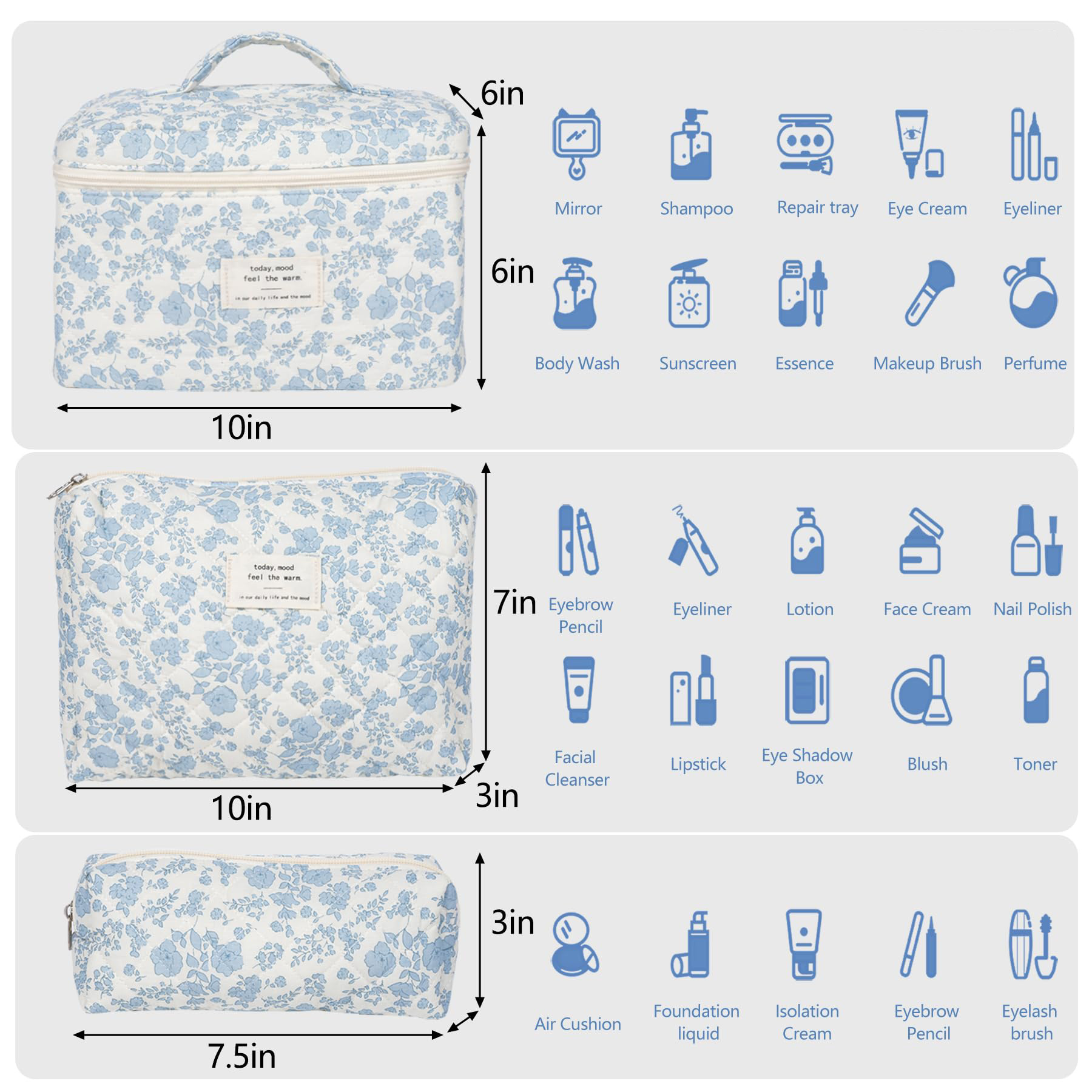 Soda Candy Quilted Makeup Bag Set, 3-Piece, Blue photo 2