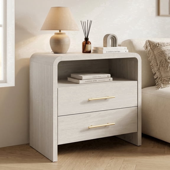 27" Curved Nightstand with 2 Drawers and Open Shelf, Modern Bedside Table with Storage, Wood End Table for Bedroom, White Wood Grain