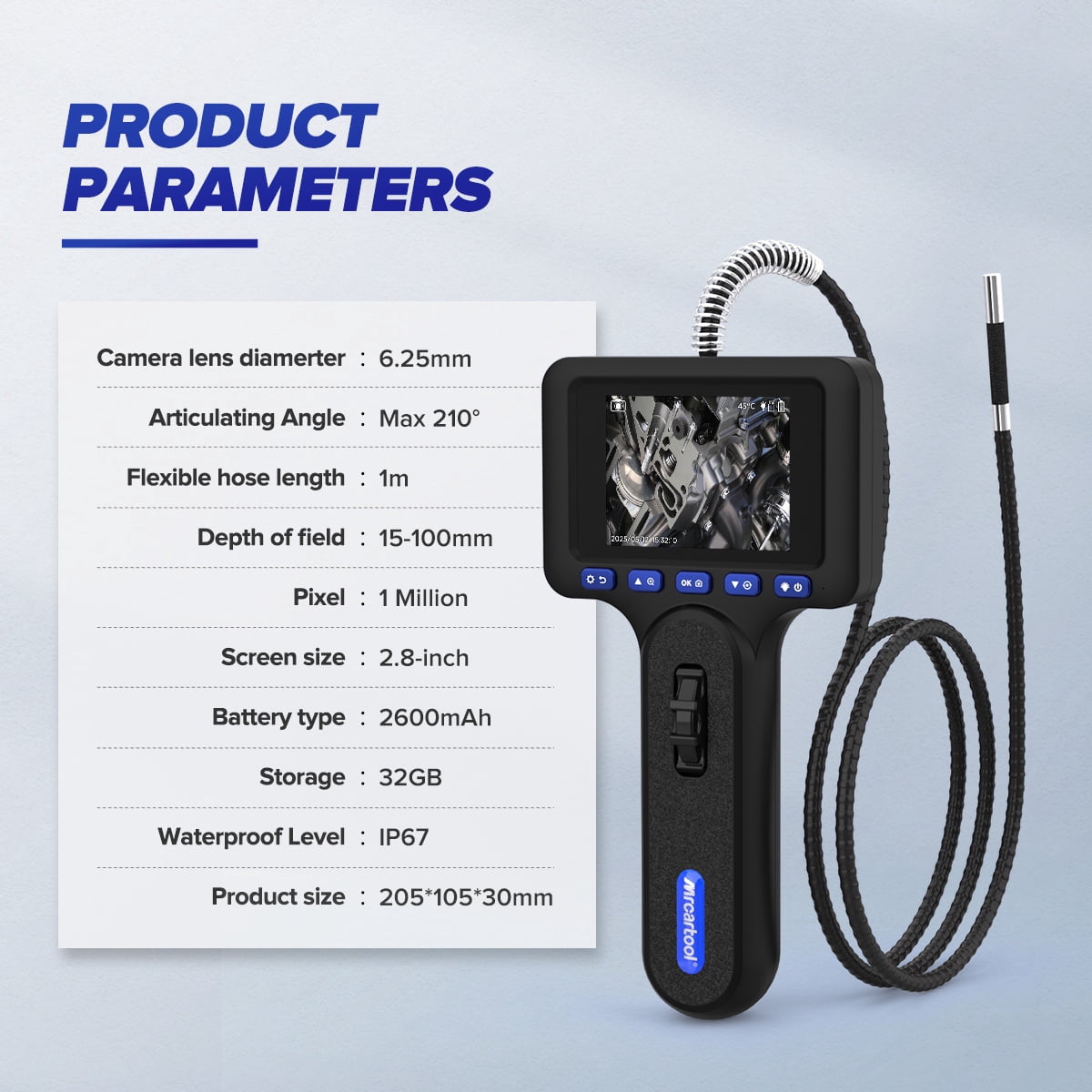 MRCARTOOL N100 Two-Way Articulating Borescope with Light, 2600mAh Battery, 0.24in Probe, IP67 Waterproof Inspection Camera for Automotive Engine