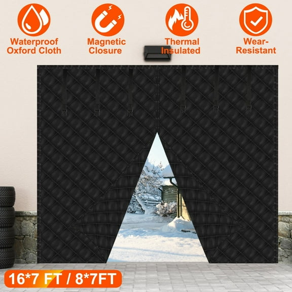 Moclever 8x7ft Magnetic Garage Door Screen, Thermal Insulated Singe-Car Garage Screen with Magnetic Closure 6 Roll Up Buckle Straps, Weatherproof Windproof Soundproof, Black