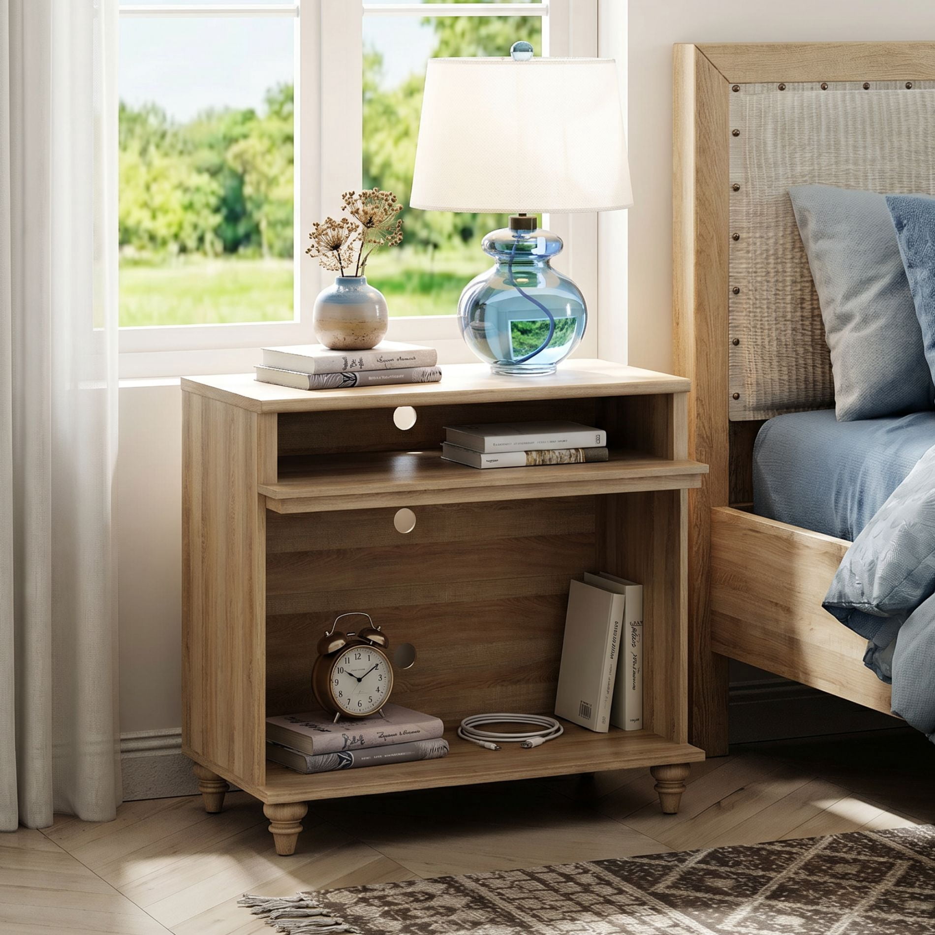 Set of 2 Farmhouse Large Nightstand, Large Bedside Table Night Stand with 2 Storages, Tall Side Table for Living Room, Bedroom, Oak
