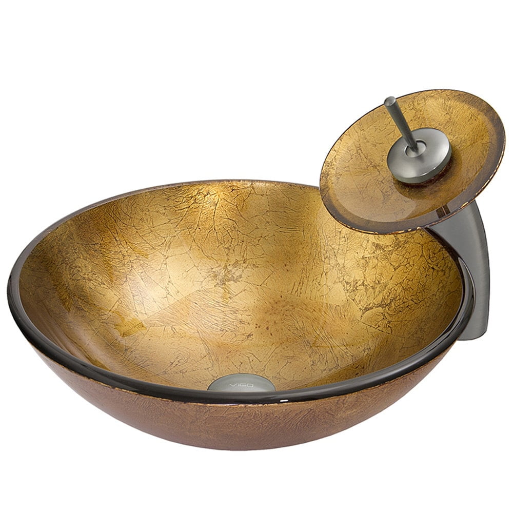 VIGO Liquid Gold Glass Vessel Sink and Waterfall Faucet Set in Brushed