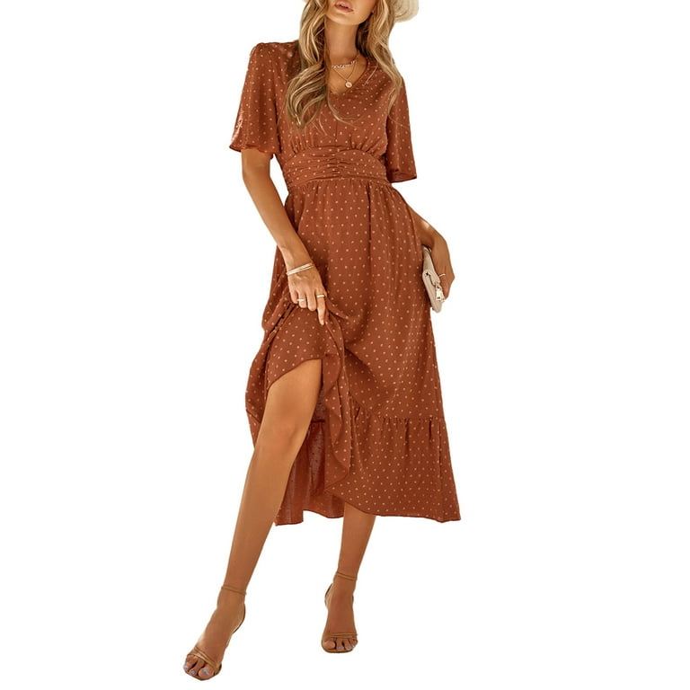 Sunisery Women Summer Casual Boho Long Dress Swiss Dot V-Neck Ruffles Short Sleeve Sweet Dresses