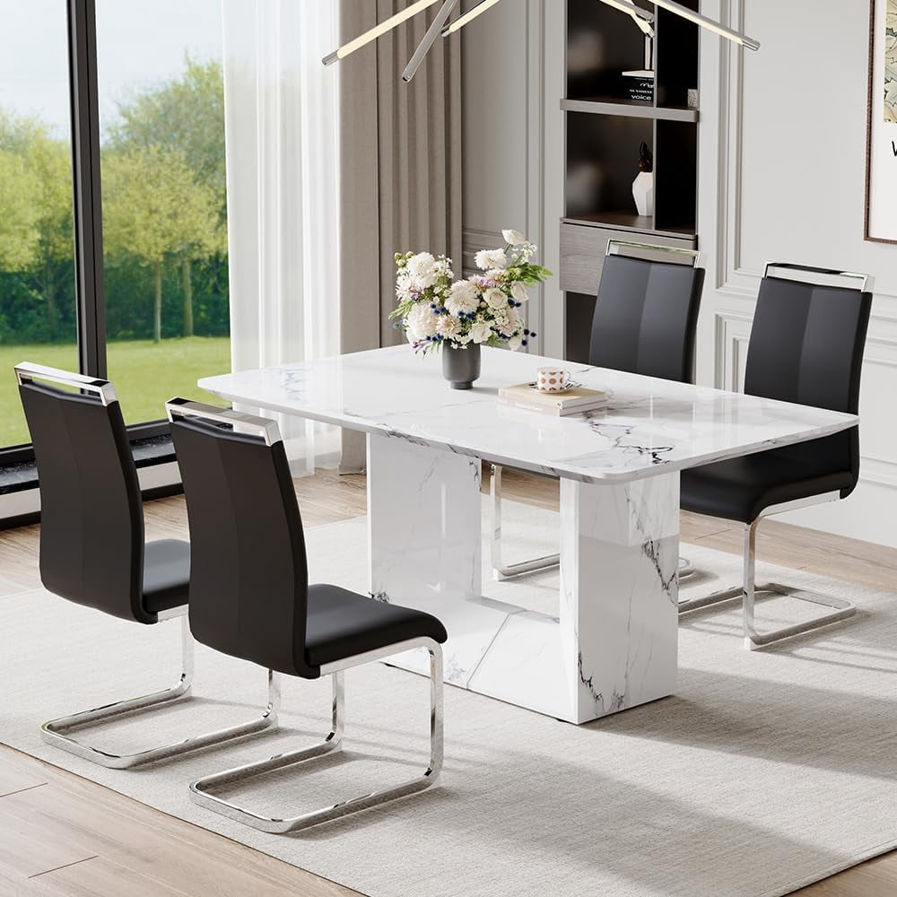JUFU 5-Piece Dining Table Set with 63" Faux Marble Rectangle Table and 4 Black PU Leather Chairs, Modern Kitchen Table Set for Dining Room