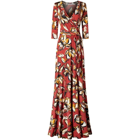 Bon Rosy, Women's, 3/4 Sleeve V-Neck Printed Maxi Faux Wrap Dress, Rust, L