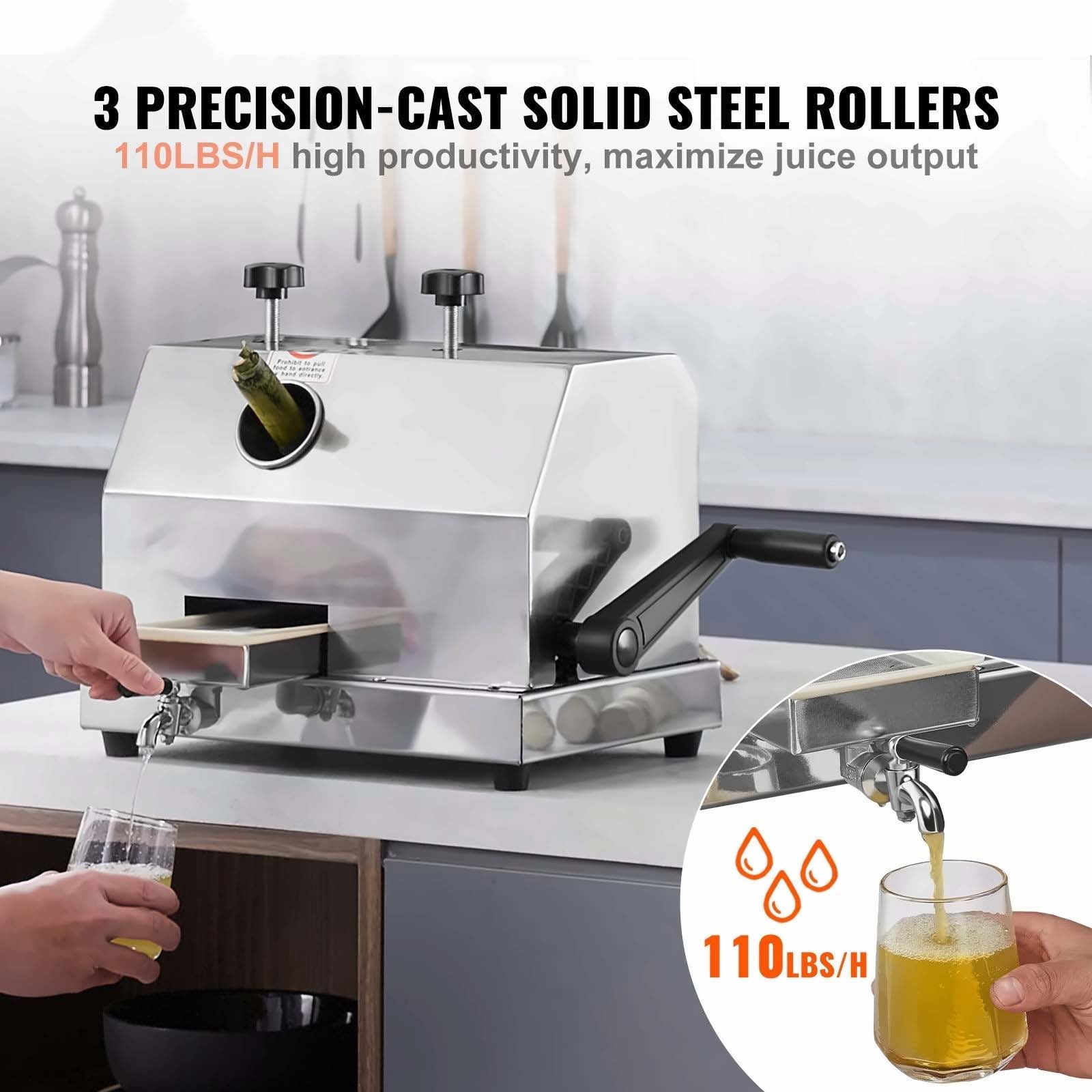 Sugarcane Juicer Machine, 110LBS/H Manual Sugarcane Juice Extractor, 3 Stainless Steel Rollers, 2.4" Inlet, Commercial/Home Use