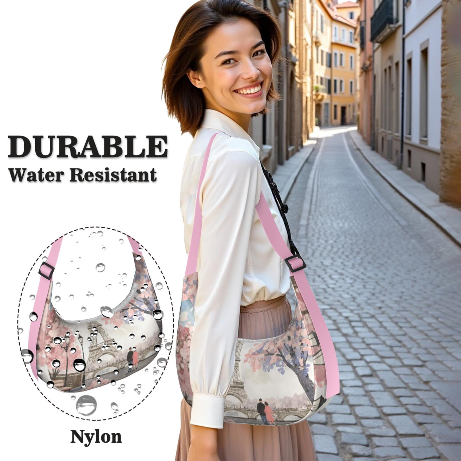Paris Crescent Cross Body Bag Nylon Bag for Casual Outing Enthusiasts