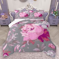 Homewish Vintage Rustic Flower Bedding Comforter Set, Chic Watercolor Rose Twin Comforter Sets, Grey Pink Reversible Bedding Set, Luxury Bedroom Decor, 2 Pieces