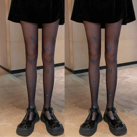 

2PC Women Ultra-Thin Blue-Butterfly Print Bottoming Stockings Pantyhose Hollow Socks Tights Stocking