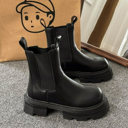 

Women s Platform Chelsea Boots Lug Sole Combat Mid Calf Slip On Chunky Ankle Booties Ankle Rain Boots Waterproof Chelsea Boots