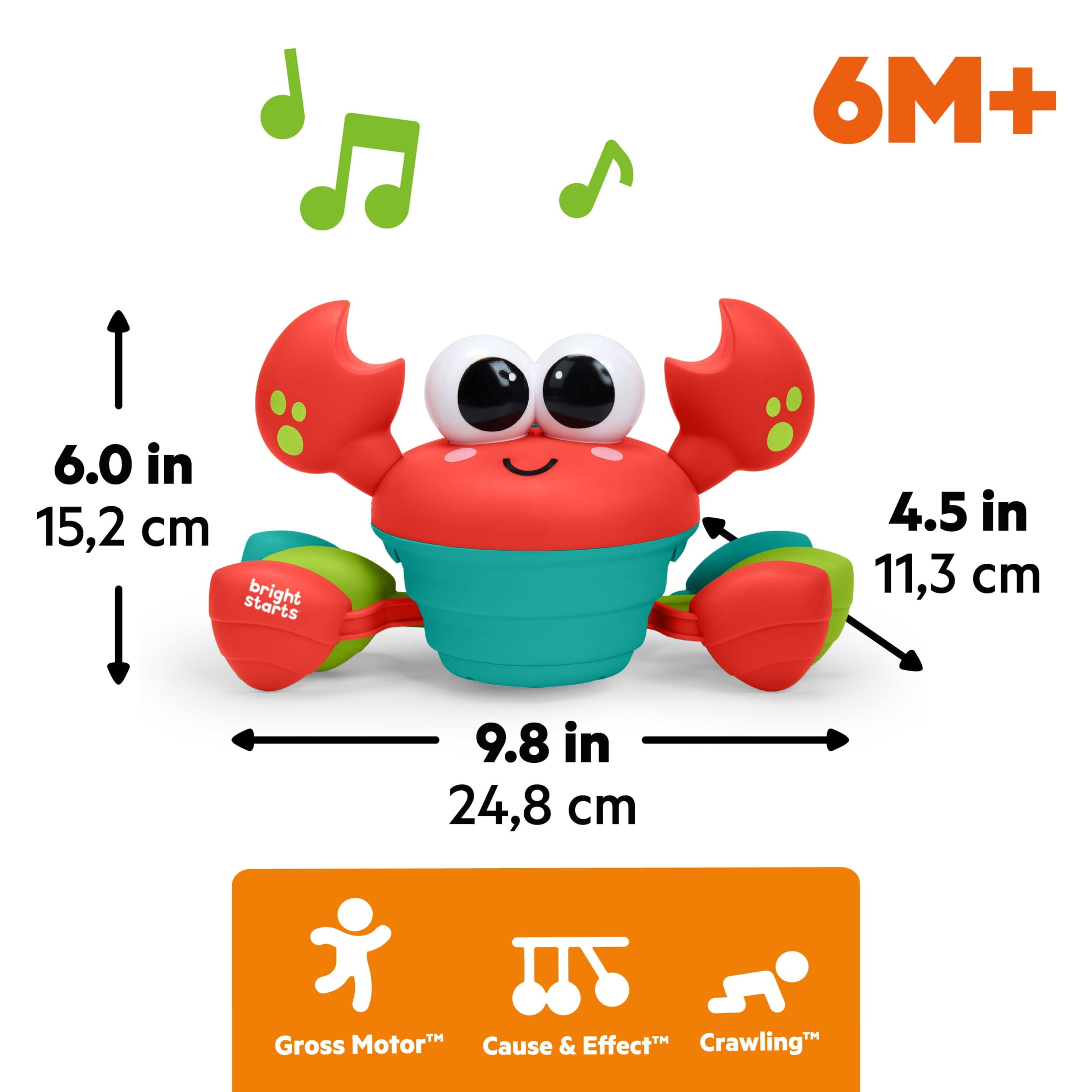 Bright Starts Rockin’ Crawling Crab Interactive Musical Baby Toy, Red, Unisex, Infant