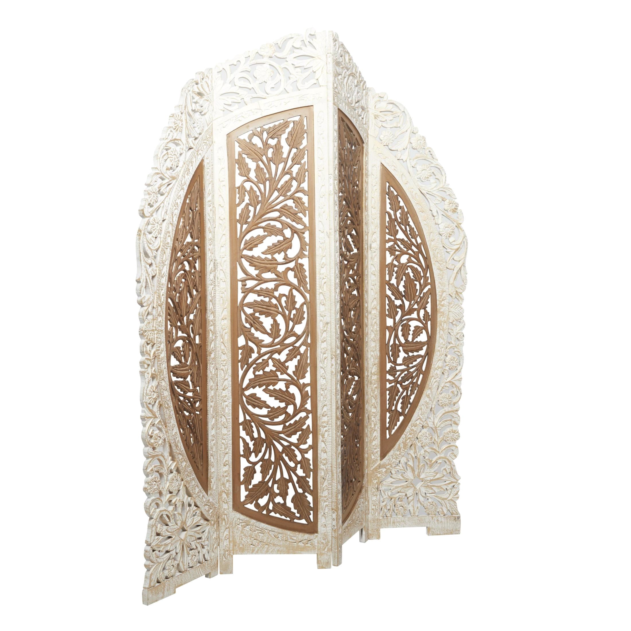 DecMode French Country Wood Foldable 4 Panel Room Divider Screen with Floral Carvings and Brown/White Distressed Finish, 62"W x 72"H