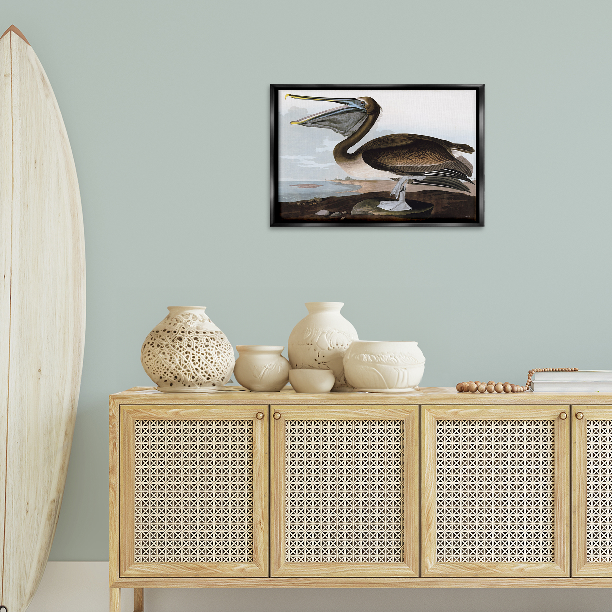 Stupell Industries Classic Pelican at Beach Animals & Insects Painting Black Floater Framed Canvas Art Print Wall Art, 25 x 17