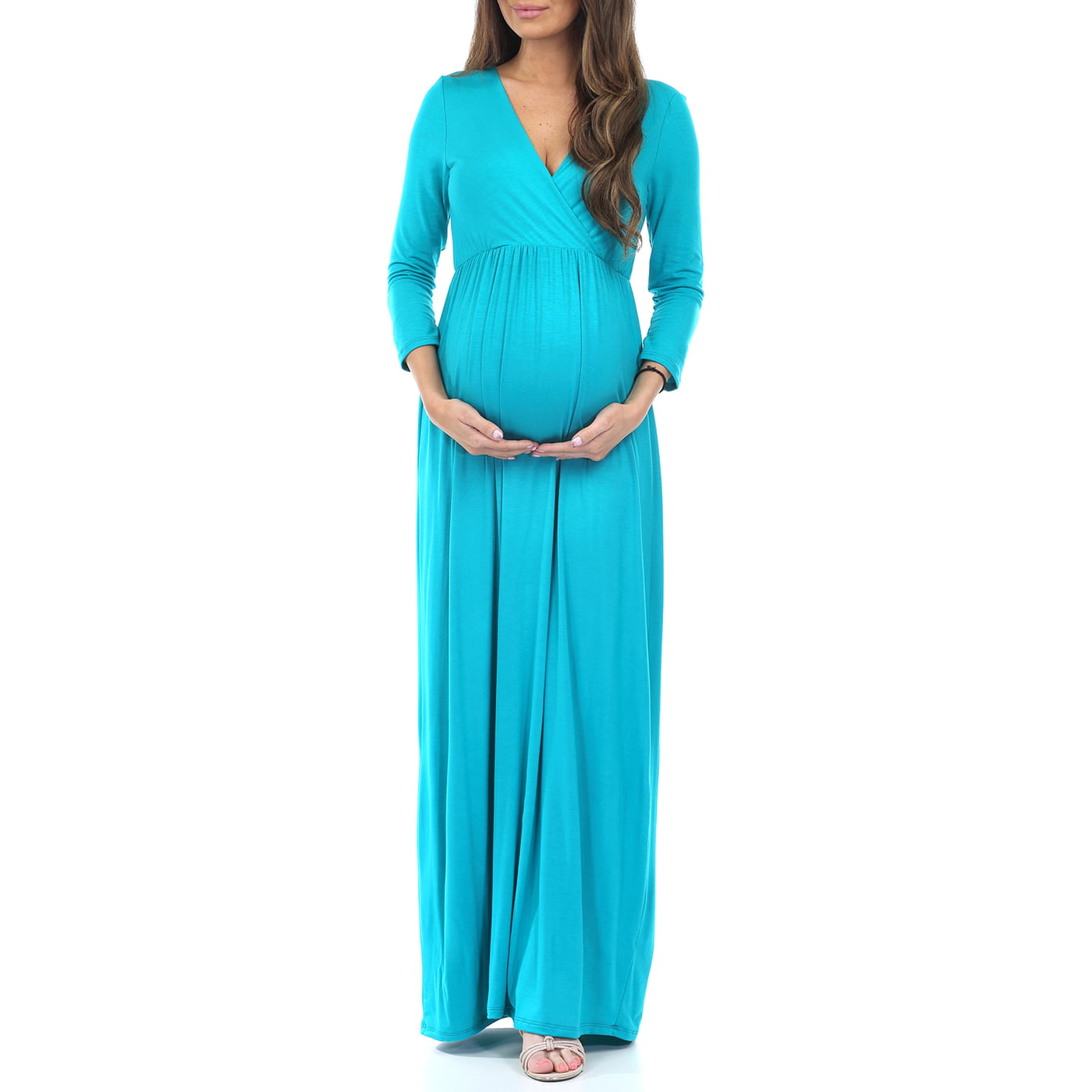 Mother Bee Maternity 3/4 Sleeve Ruched Maternity Dress W/Empire Waist for Baby Showers or Casual Wear 