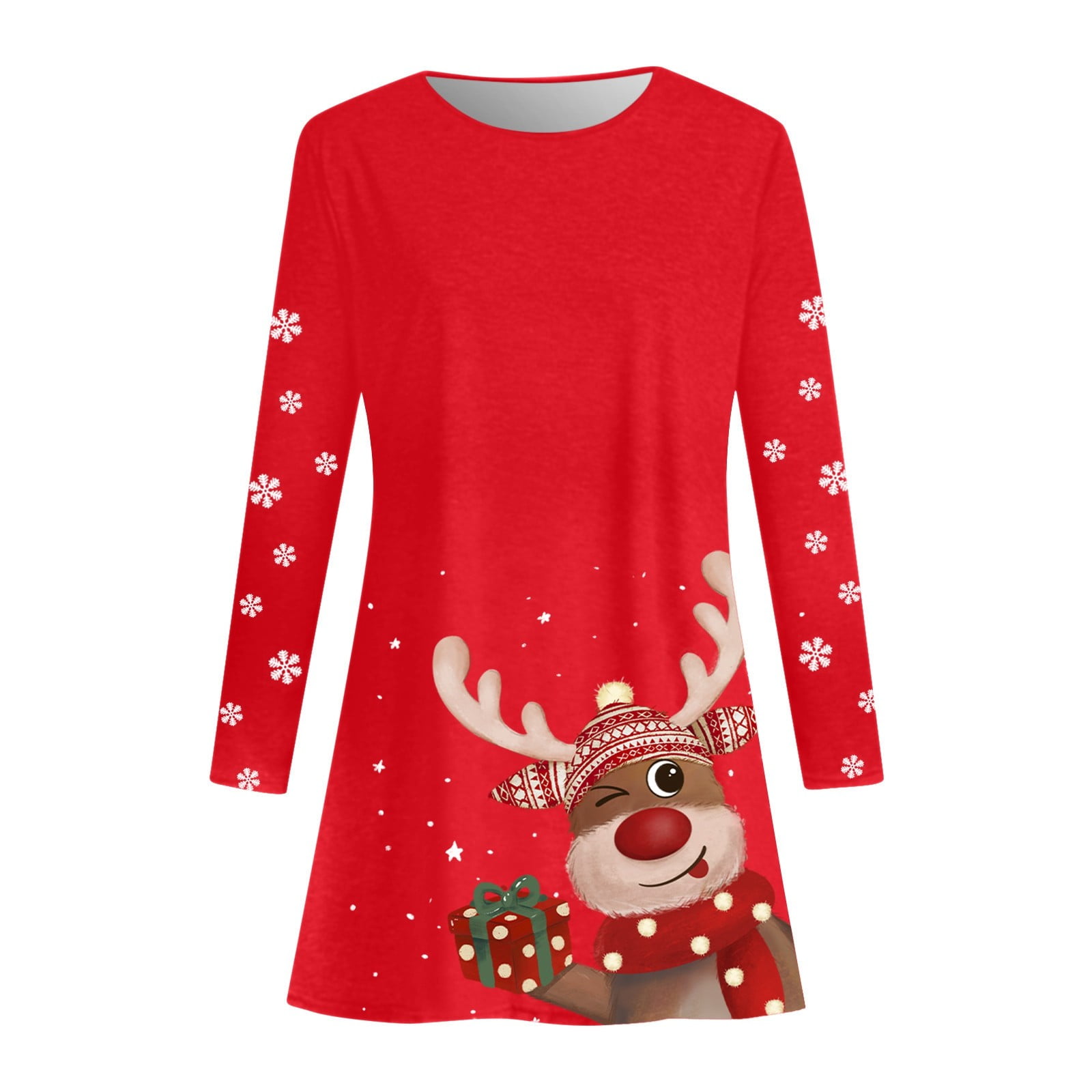 Robe Pull De Noël Femme Rouge - Imprimé Rennes - Col Rond - Taille Grande - Pour Cocktail Et Fêtes Familiales