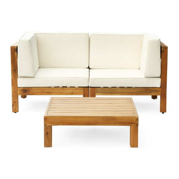 GDF Studio Keith Outdoor Modular Acacia Wood Loveseat and Coffee Table Set with Cushions, Beige