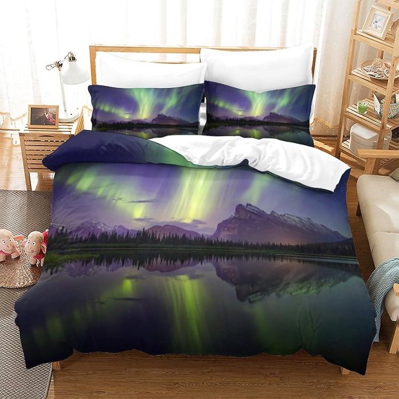Northern Lights 3D Print Bedding Set,Duvet Cover Set for Kids Boys,aurora Borealis Room Decor for Teens Boys King(Double200x200cm)