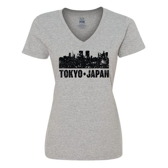 Inktastic Tokyo Japan City Skyline with Grunge Women's V-Neck T-Shirt