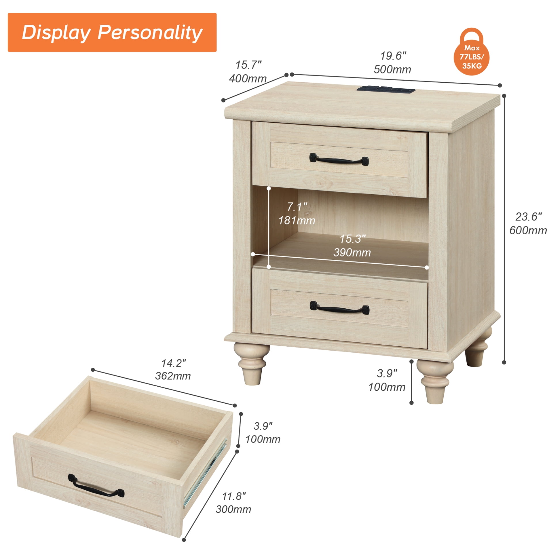 Beige Nightstand with Charging Station, Wooden Side Table with 2 Drawers & Open Shelf for Living Room & Bedroom