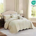 thumbnail image 3 of Blythease Oversized Velvet Quilt King 128x120 Extra Wide – Reversible Velvet Bedspread & Coverlet Set, 5 Piece Lightweight All Season Comforter Bedding, Geometric Diamond Quilted Design, Ivory, 3 of 7