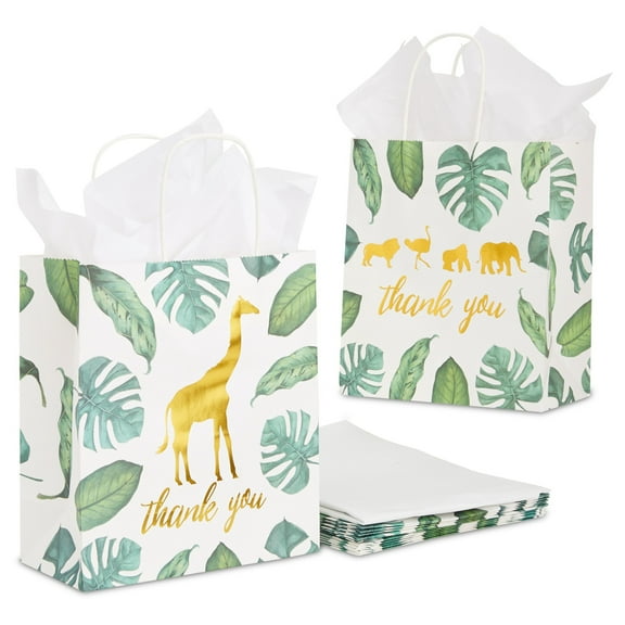 12 Pack Safari Thank You Bags with Tissue Paper, Wild One 1st Birthday Themed Decorations for Girls and Boys (8 x 9 x 4 In)