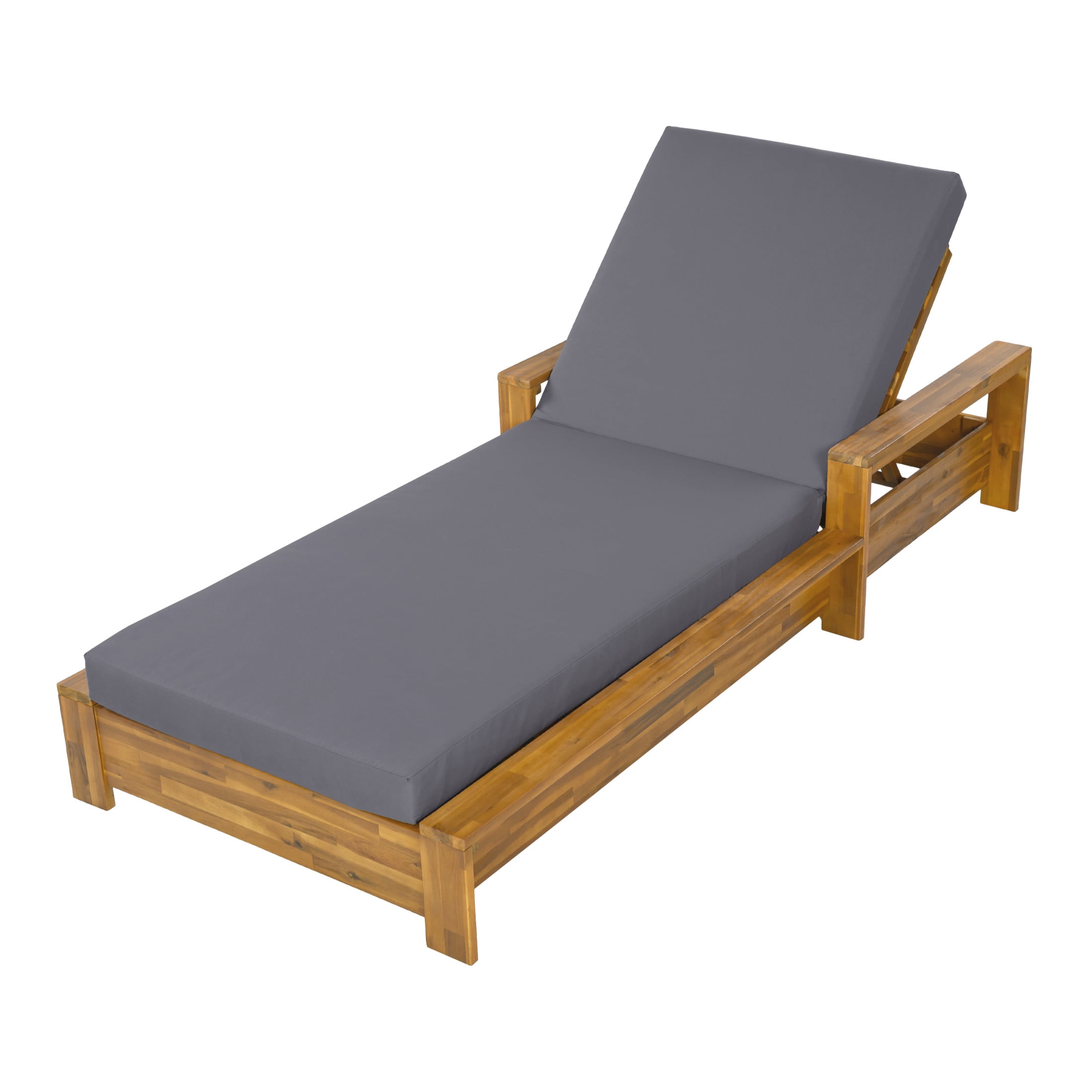 Christopher Knight Home Acacia Wood Outdoor Chaise Lounge Set with Armrests, 2-Fold Cushion, Teak + Dark Gray