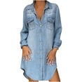 thumbnail image 1 of Vestido camisero de verano para mujer, de mezclilla, con bolsillo simétrico, solapa, manga larga, cinturón de pecho, vestido camisero ajustado, 1 of 5