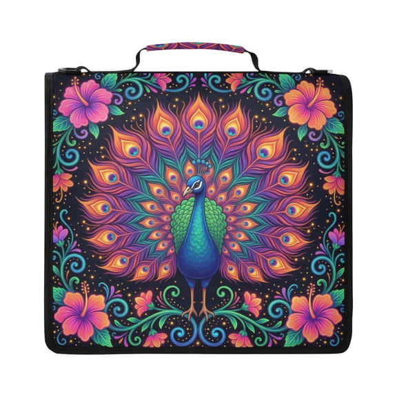 Zipper Binder with Shoulder Strap 2 inch 3 Ring Waterproof File Folder Organizer Bag 500 Sheet Peacock with Iridescent Tail