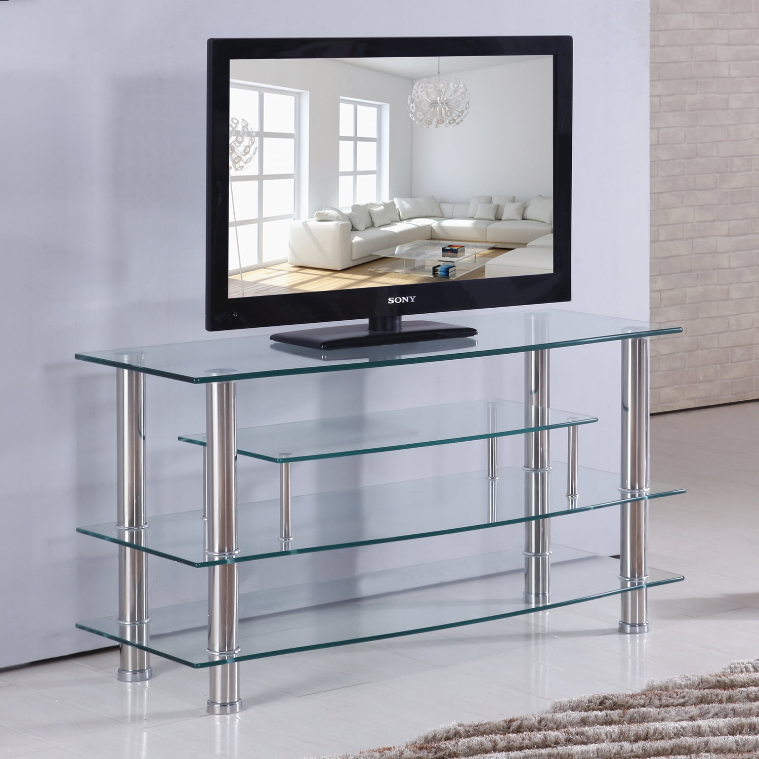 clear glass and chrome tv stand