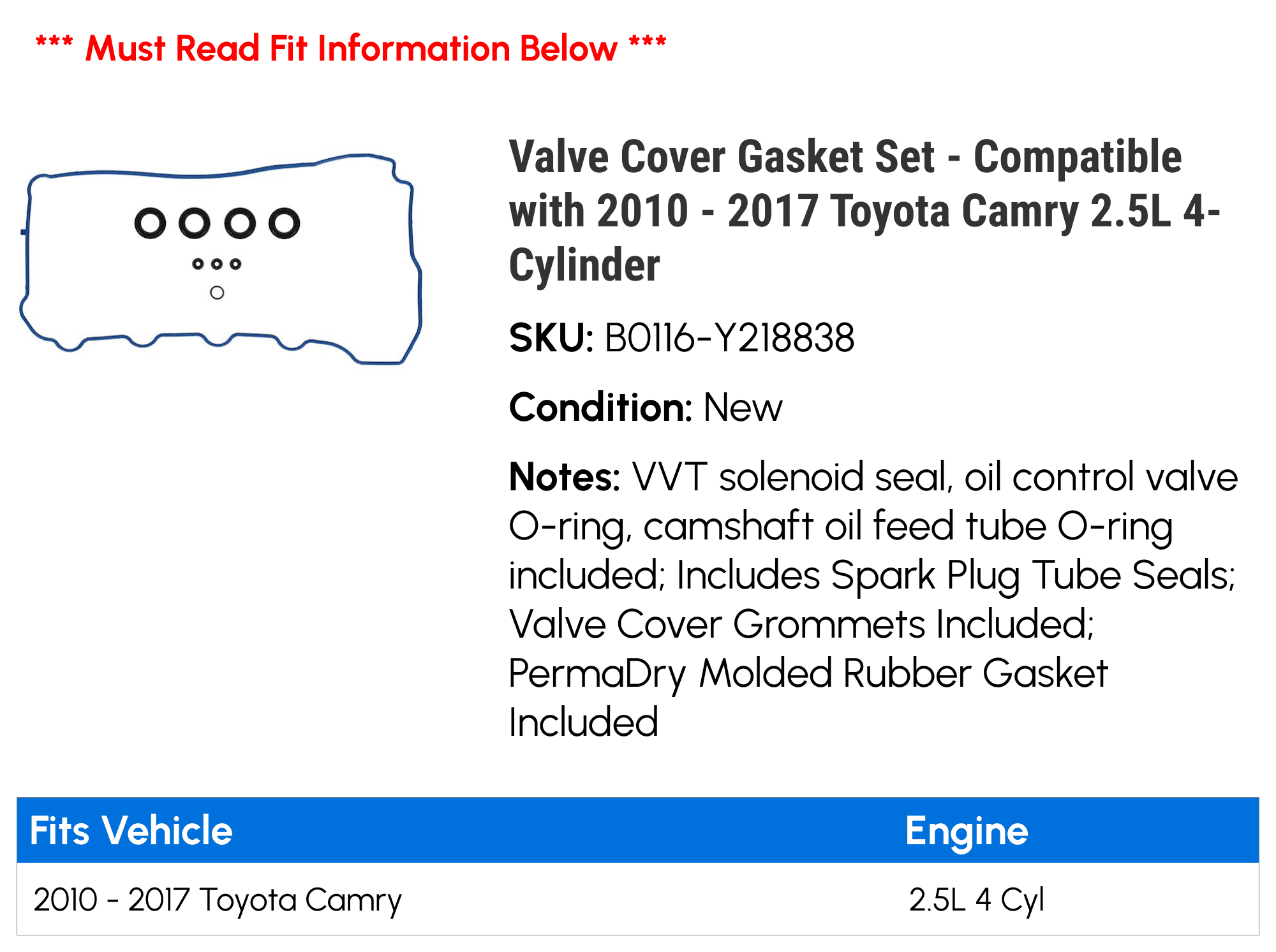 Valve Cover Gasket Set - Compatible with 2010 - 2017 Toyota Camry 2.5L 4-Cylinder 2011 2012 2013 2014 2015 2016
