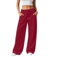 thumbnail image 2 of Women’s Drawstring Elastic Waist Wide Leg Pants, Loose High Waist Casual Trousers with Side Pockets Daily Workout Travel Lounge Pants for Women Red L, 2 of 6