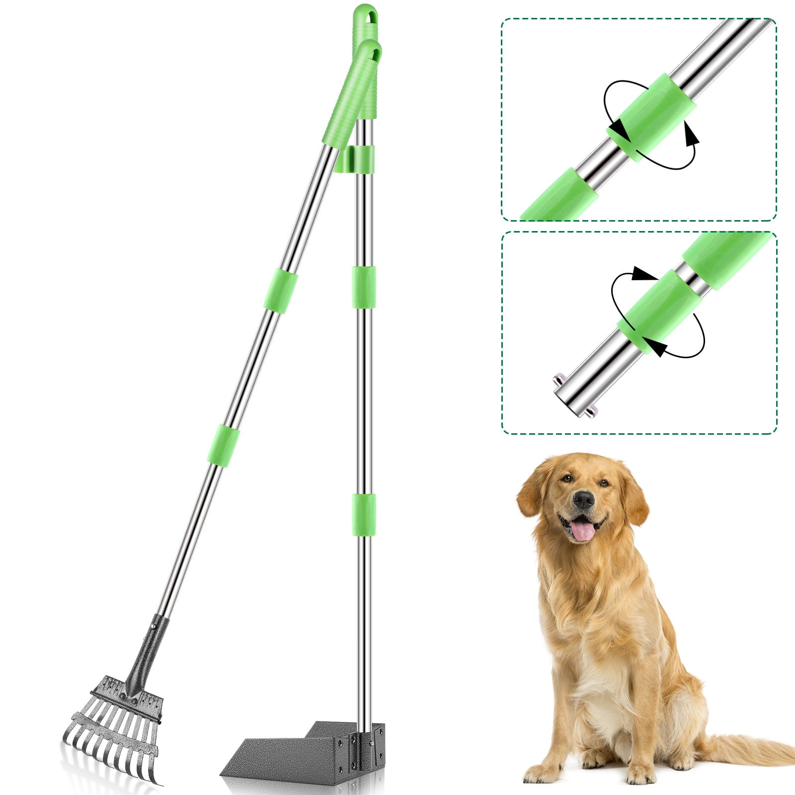 Lawns Gravel Amusingholiday Dog Pooper Scooper Waste Removal Scoop for Dirt Metal Pet Poop Rake and Tray & Spade Set with Long Extendable Handle for Small to Large Dogs Grass