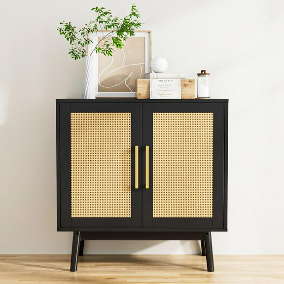 Sideboard Buffet Cabinet, Modern Rattan Storage Cabinet with Double Doors and Adjustable Shelves, Accent Cabinet for Living Room, Bedroom, Hallway (Black)
