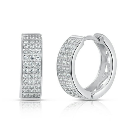 Tilo Jewelry Solid 925 Sterling Silver Round Pave Huggie Hoop Earrings with Cubic Zirconia CZ Stones | 17mm Small | Dainty Everyday Earrings for Women & Unisex