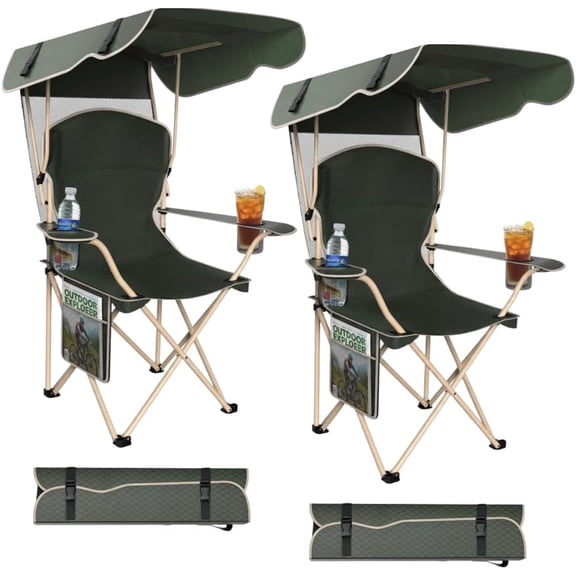 2-Pack Portable Folding Camping Chairs with Canopy Shade, Beach Chair for Adults, Durable Weather Resistant 600D Oxford Cloth, Camping Chair with Canopy for Outdoors
