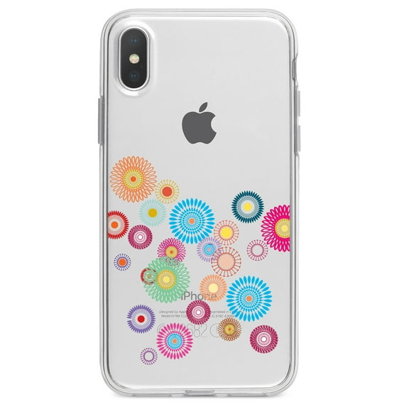 DistinctInk Clear Shockproof Hybrid Case for iPhone XR (6.1" Screen) - TPU Bumper Acrylic Back Tempered Glass Screen Protector - Cartoon Wildflowers Rainbow Colors