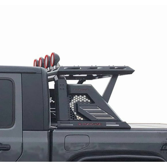 Fits 2005-2021 Nissan Frontier Black Horse Offroad Truck Bed Bar AR2-05BA3-PLFR Armour II; Rugged Style; With Removable Red Black Horse Logo Side Plates; With Harness and Switch; With Cargo Basket