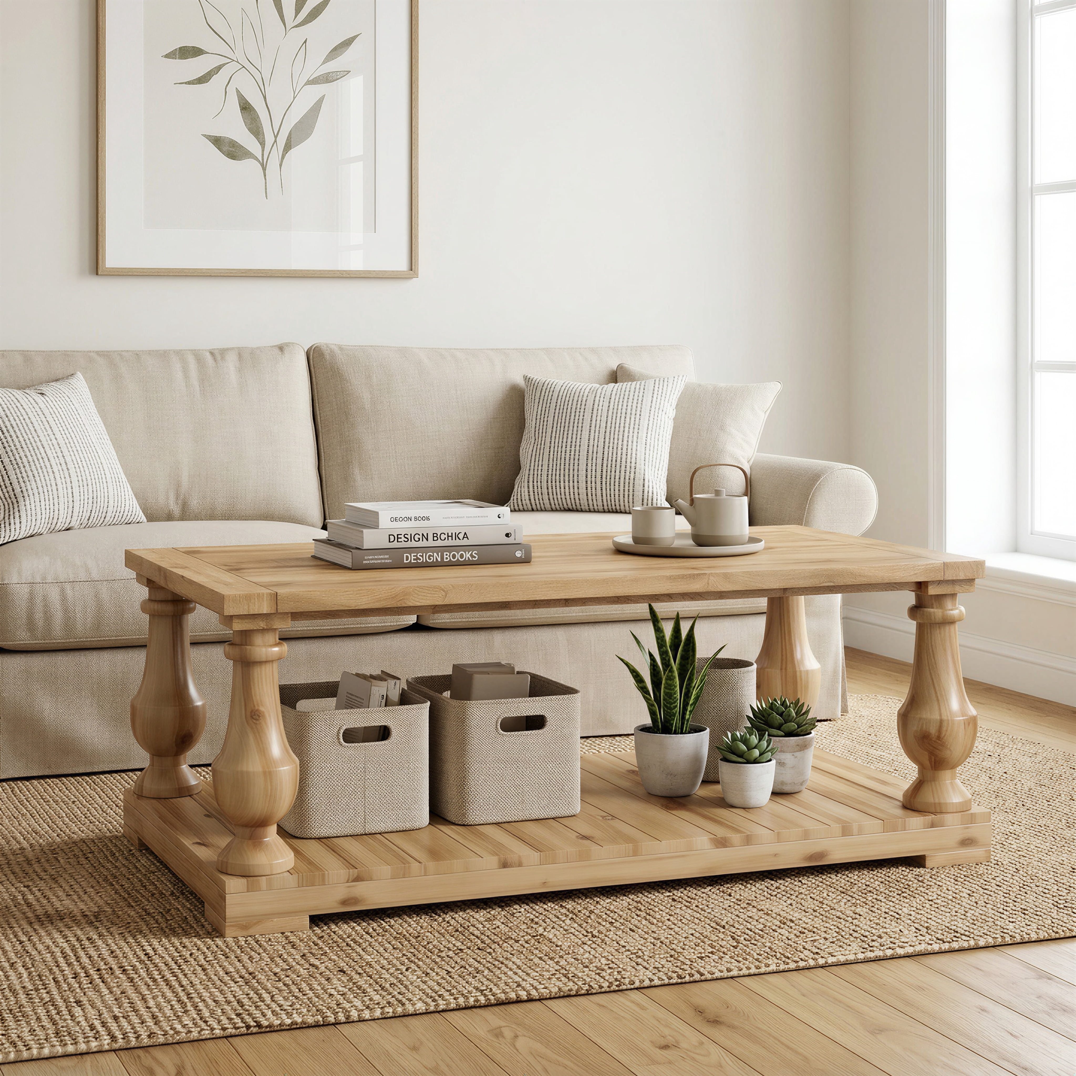 GARITIN Farmhouse Coffee Table with Storage Shelf, Solid Wood Turned Legs, 2-Tier Rustic Wood Center Table for Living Room, Natural