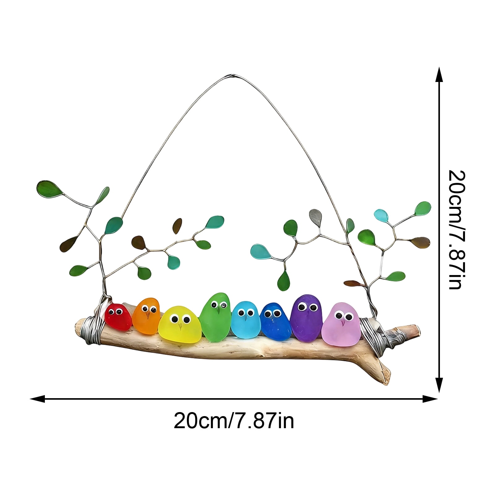 Coastal DecorforHome, Glass Decor, Wall Hanging Decor, Sea Glass Bird Perch, Driftwood, 14inWire Frame, 8 Figurines, Multicolor, Indoor Display, 1 Pc