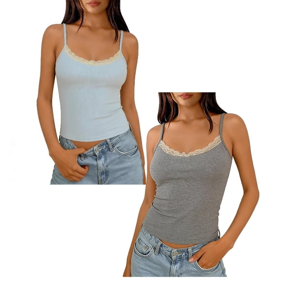YUEHUA 2-Pack Women's Lace Cami Y2K U Neck Spaghetti Strap Sleeveless Lace Tank Top Camisole Shirts