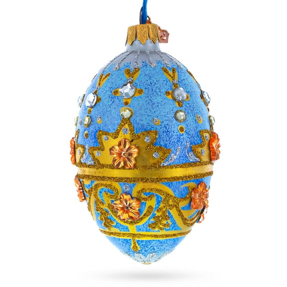 Golden Flowers on Speckled Blue Glass Egg Christmas Ornament 4 Inches