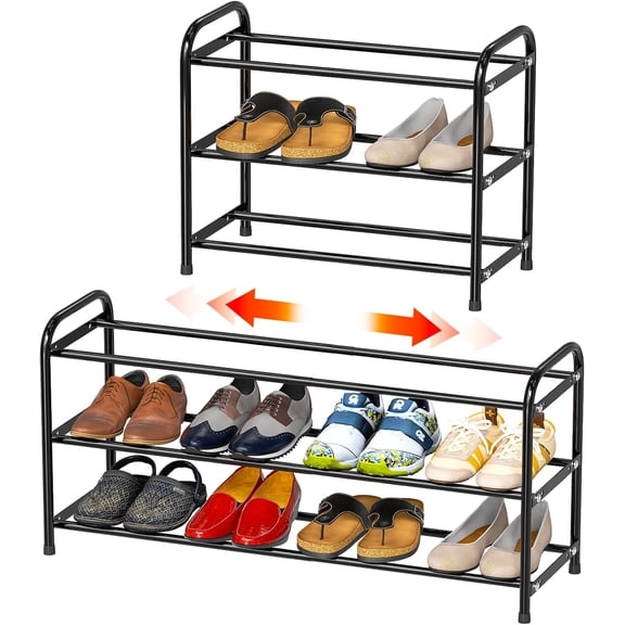 3 Tier Expandable Shoe Rack for Closet,18“-32”Wide Adjustable Metal Shoe Organizer Cabinet Storage, Black