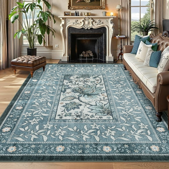 GlowSol 8'x10' Area Rug Botanical Floral Print Indoor Rugs Stain-Resistant Non-Slip Accent Rugs for Living Room Bedroom, Blue